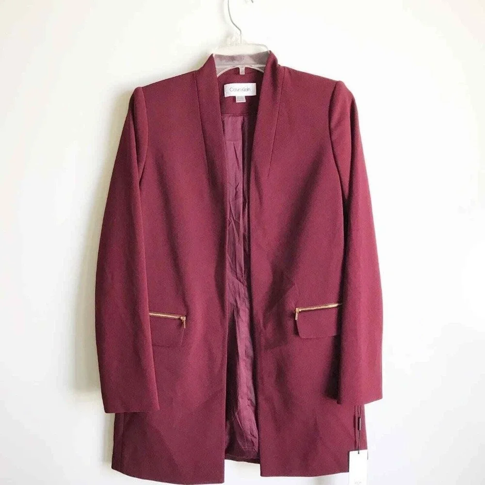 Calvin Klein Petite Jacket  Burgundy Collarless Open Front Jacket 8P NWT‎